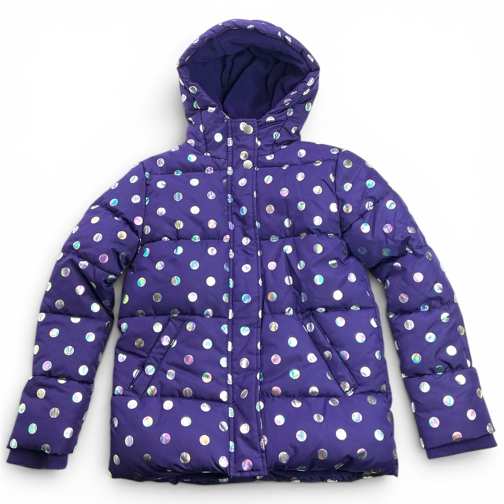 Falls Creek Purple Puffer Jacket Kids Size S 6/6X Holographic Polka Dot Hooded
